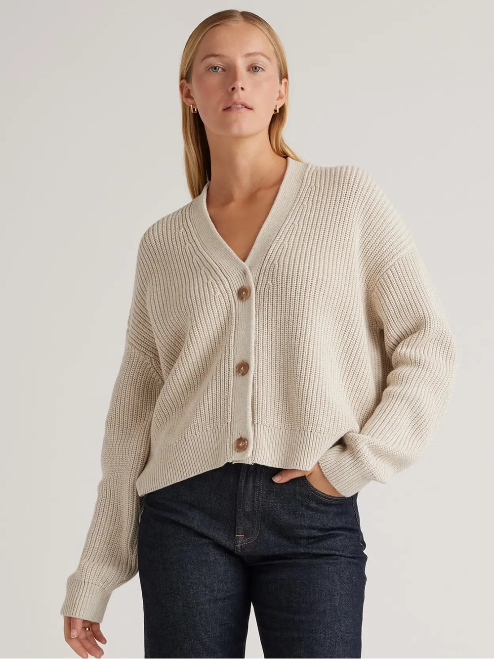 QUINCE 100% Organic Cotton Fisherman Boxy Cropped Cardigan Speckled Beige XL